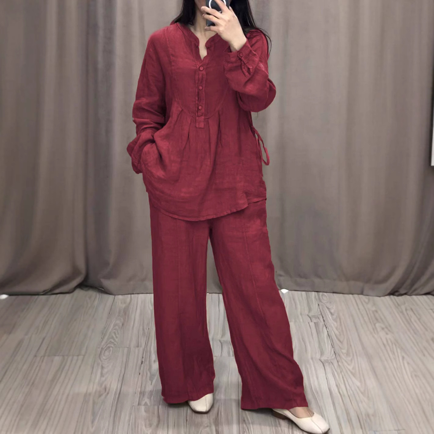 Cotton-Linen Long-Sleeve Half-Placket Pleated Wide-Leg Pants Set