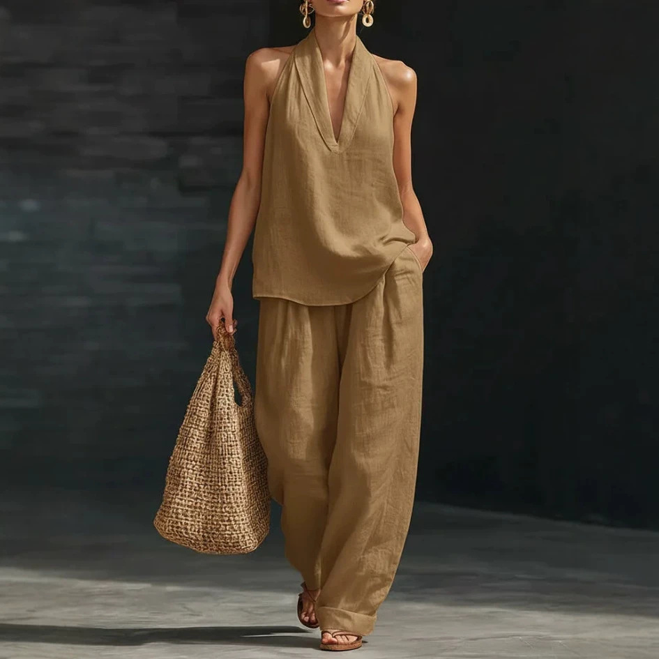 French-Style Halter V-Neck Open-Back Top & Wide-Leg Pants Set