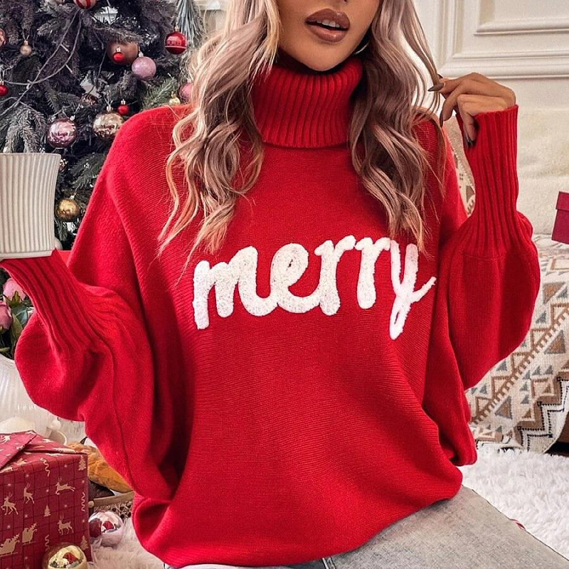 Women's Christmas Turtleneck Sweater with Batwing Sleeves