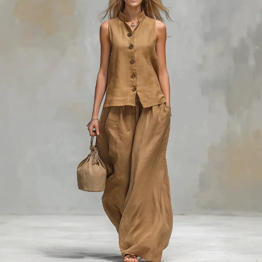 Women's V-Neck Tank Top and Pants Set Casual Cotton Linen Solid Color
