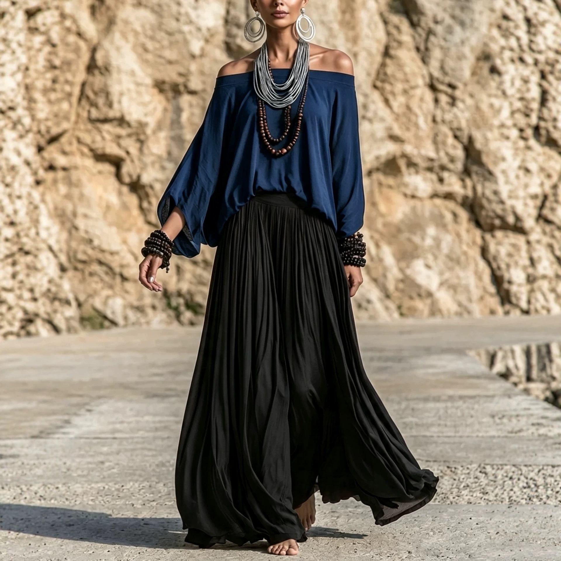 Bohemian Off-Shoulder Top & Wide-Leg Maxi Skirt Two-Piece Set