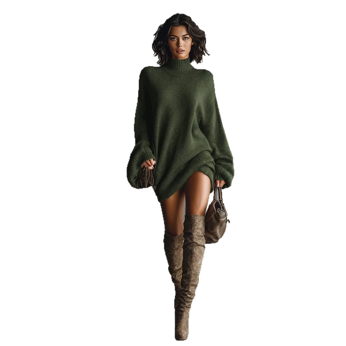 Retro Turtleneck Knit Mini Dress Loose Slouchy Sweater Dress
