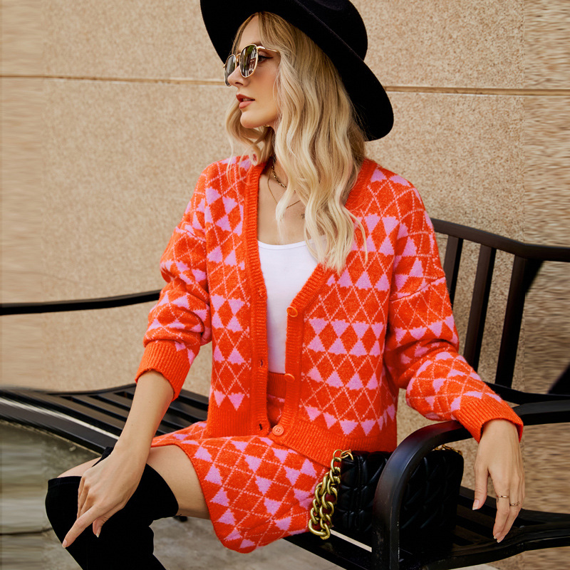 V-Neck Cardigan Knit Set with A-Line Skirt Jacquard Two-Piece