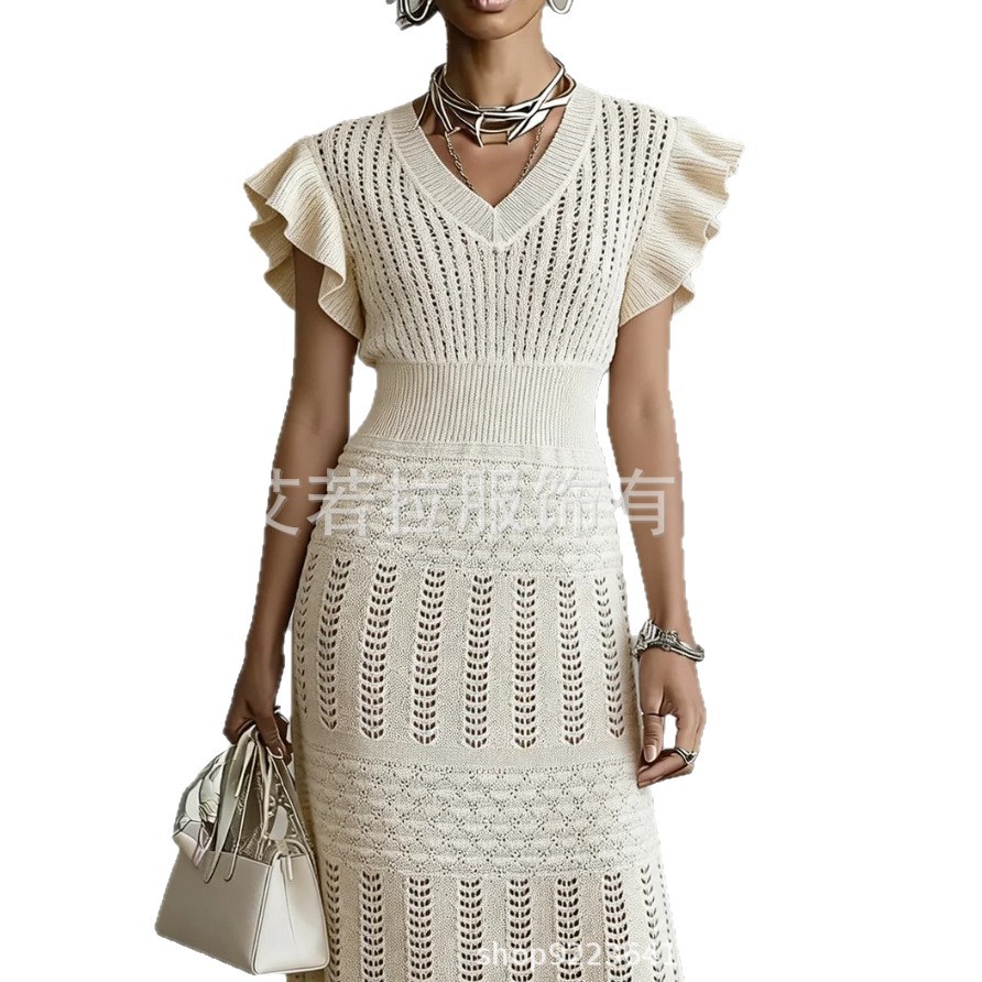 Women's V-Neck Ruffle Short Sleeve High Waist Midi Knit Dress