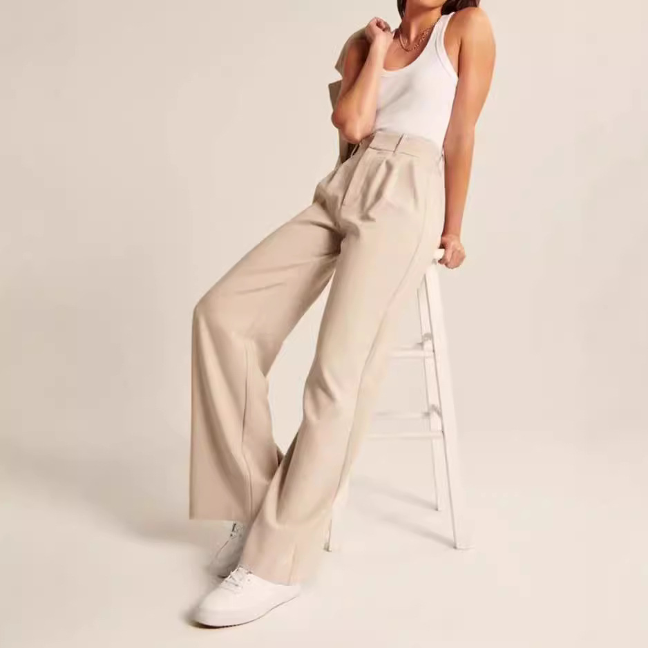 Women's High-Waist Wide-Leg Straight Dress Pants Business Work Trousers
