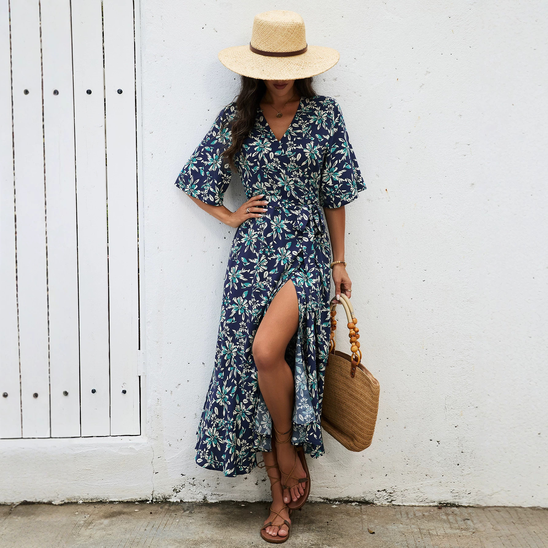 Women's Floral Print V-Neck Slit Midi Dress