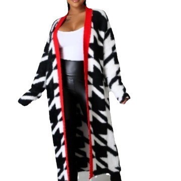 Geometric Houndstooth Knit Cardigan Faux Mink Long Sleeve