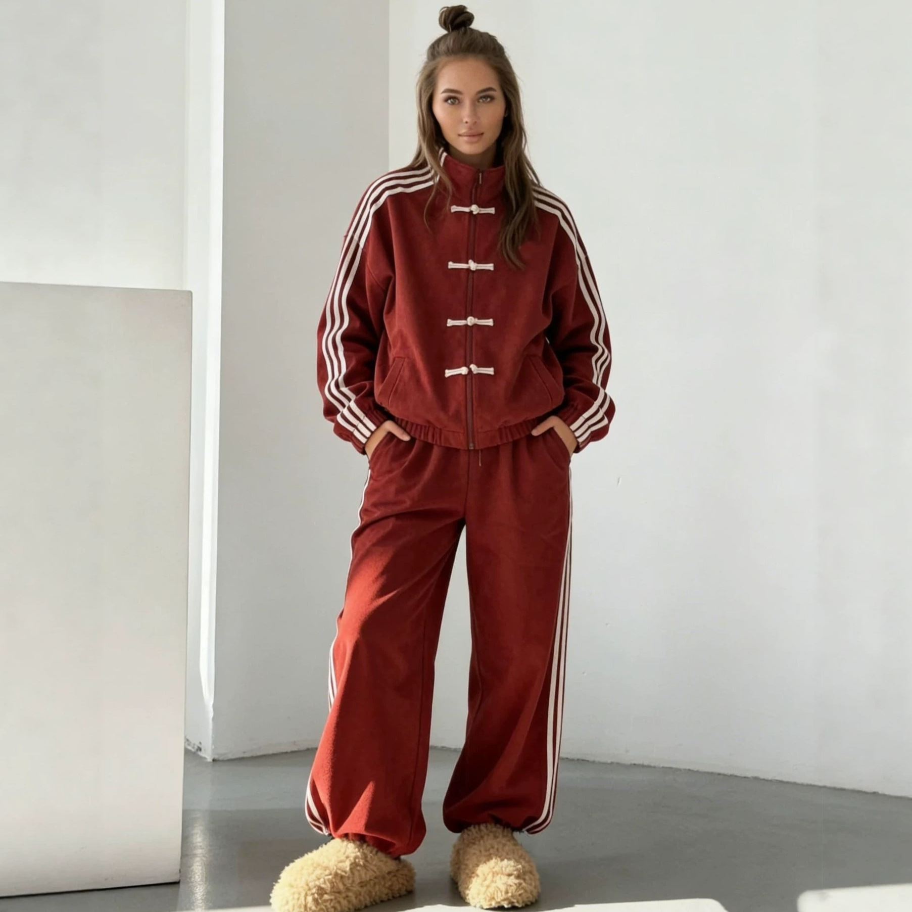 Retro Stand Collar Jacket & Wide-Leg Pants Set with Frog Buttons and Side Stripes