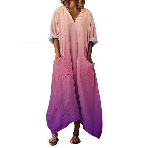 Women's Colorful Gradient A-Line Midi Dress with Deep V-Neck and Long Sleeves