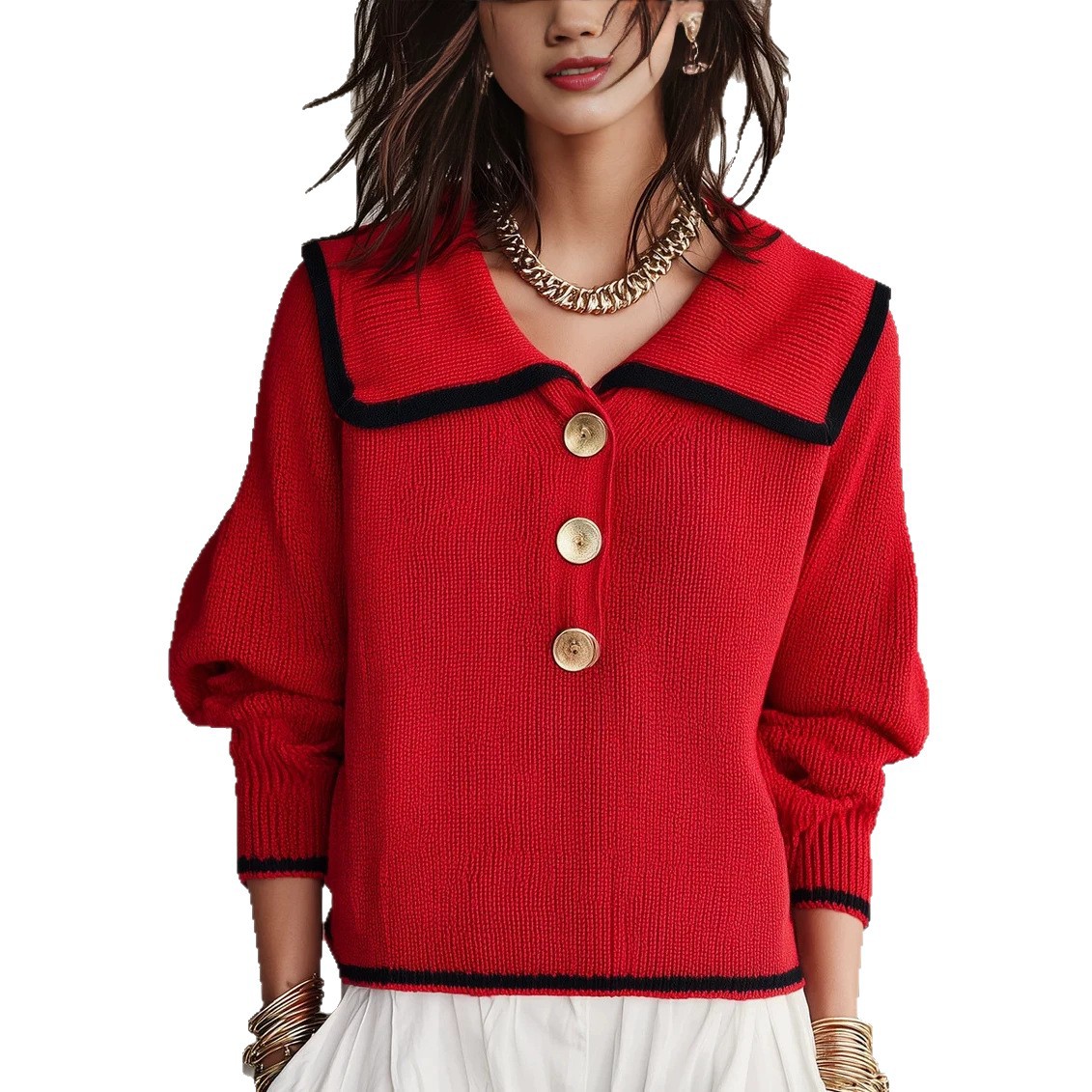 Retro Colorblock Oversized Collar Knit Sweater Loose Long Sleeve Top