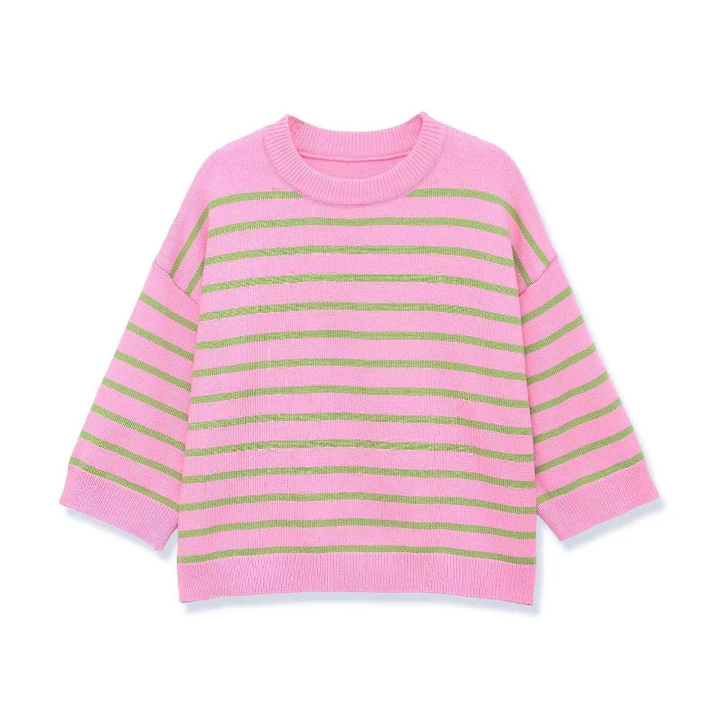 Women's Striped Knit Top Crew Neck 3/4 Sleeve Minimalist