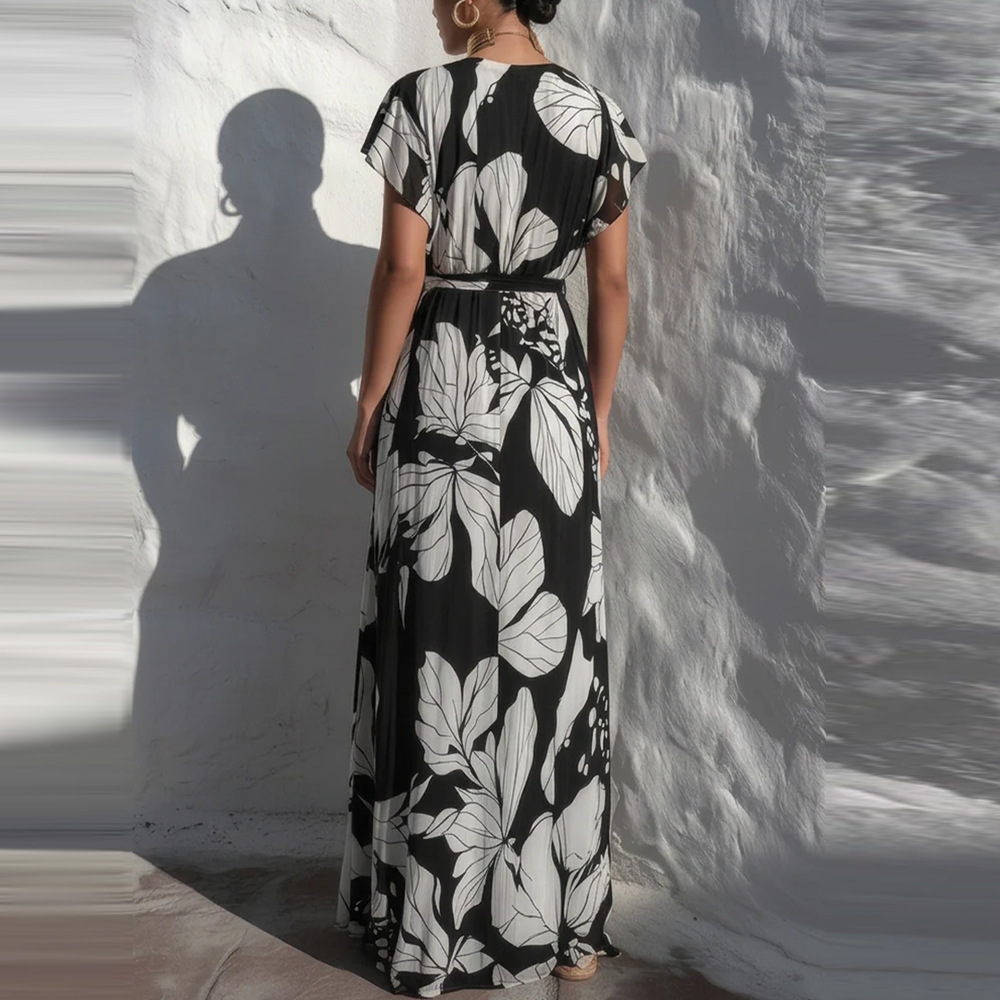 French Casual Printed V-Neck Tie Dress