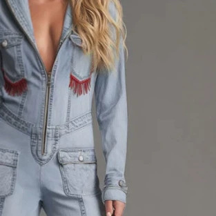 Retro Blue Red Fringe Zip Jumpsuit