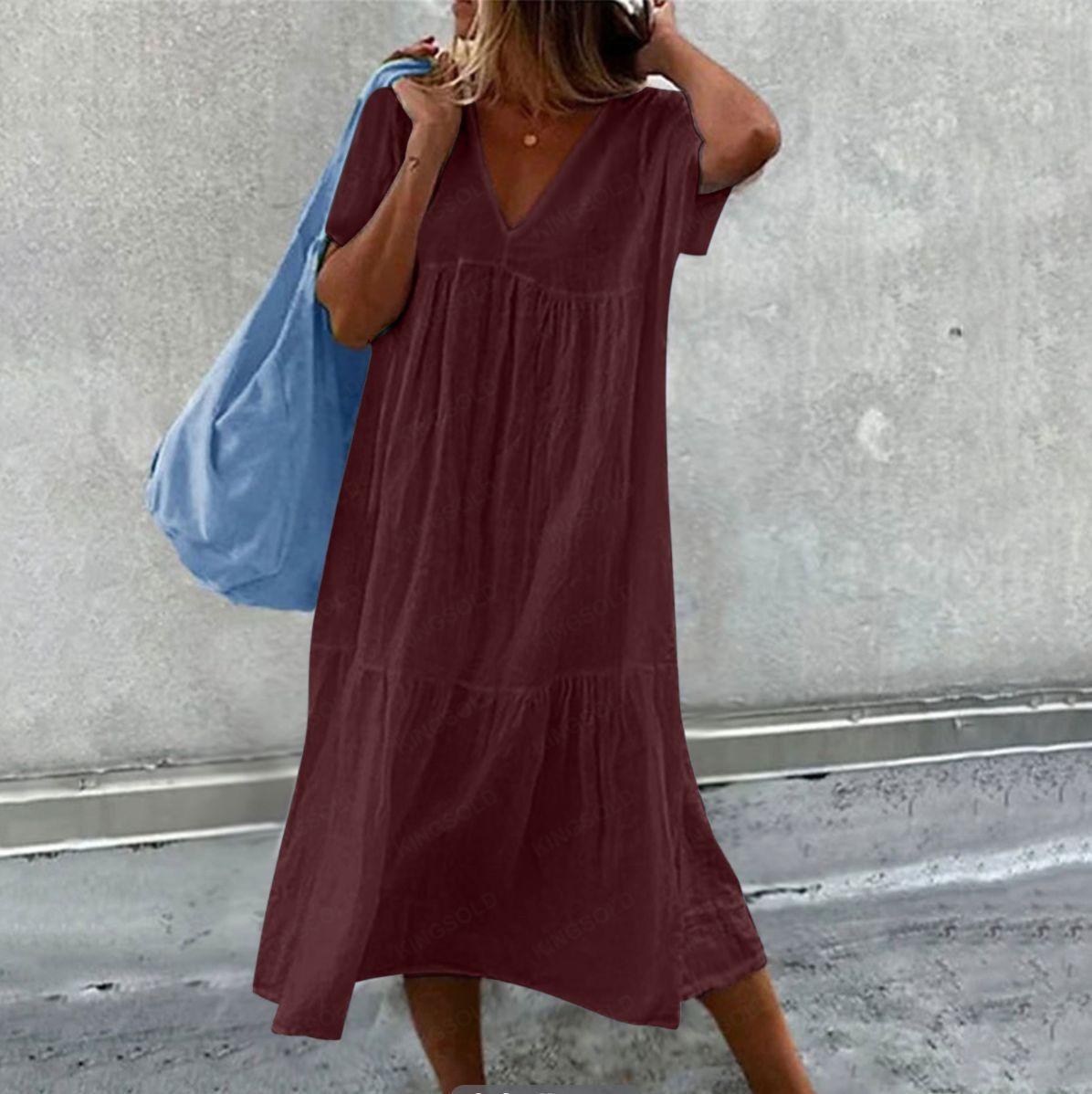 Women's Cotton Linen Short Sleeve Midi Dress Crew Neck
