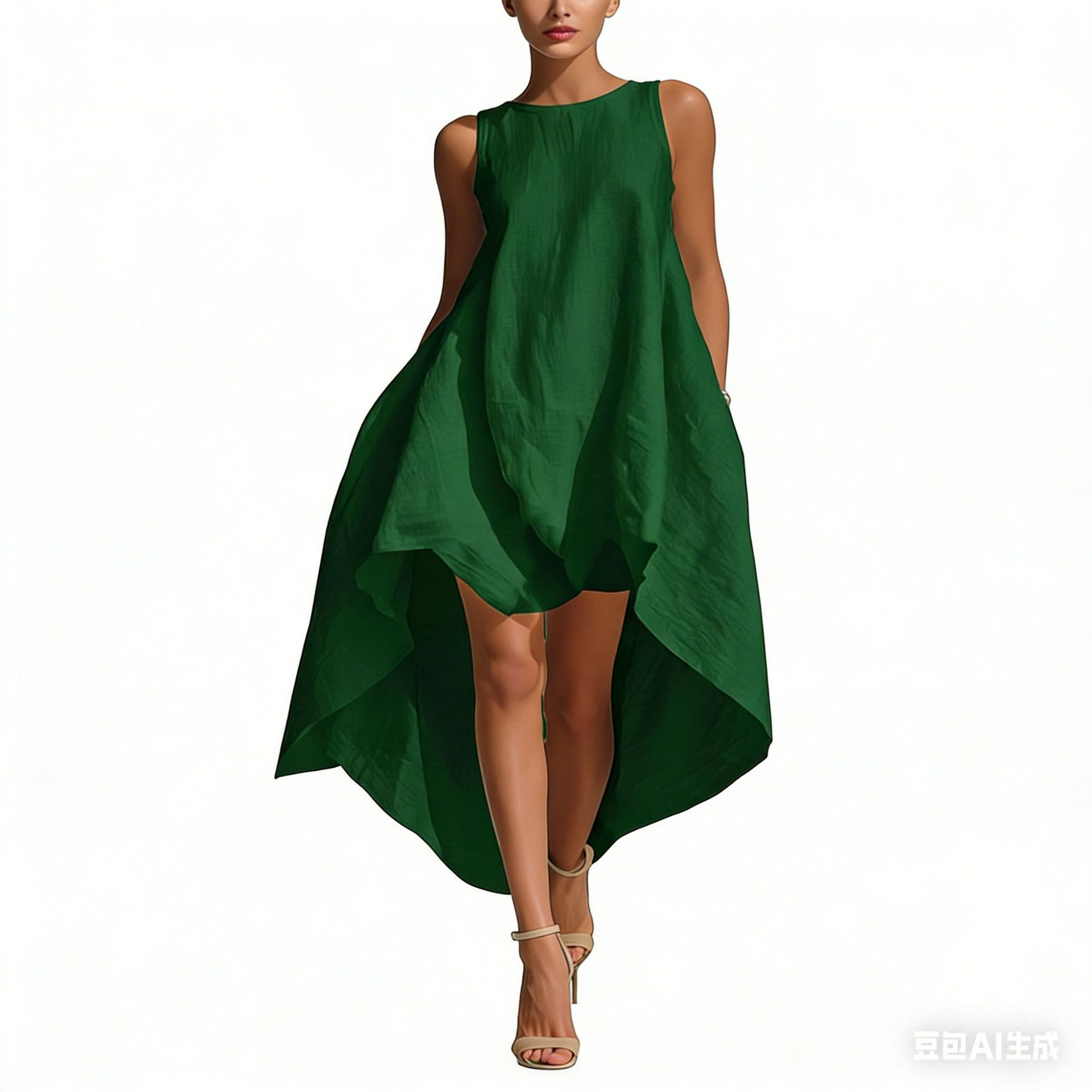 Sleeveless High-Low Cotton-Linen Blend Dress