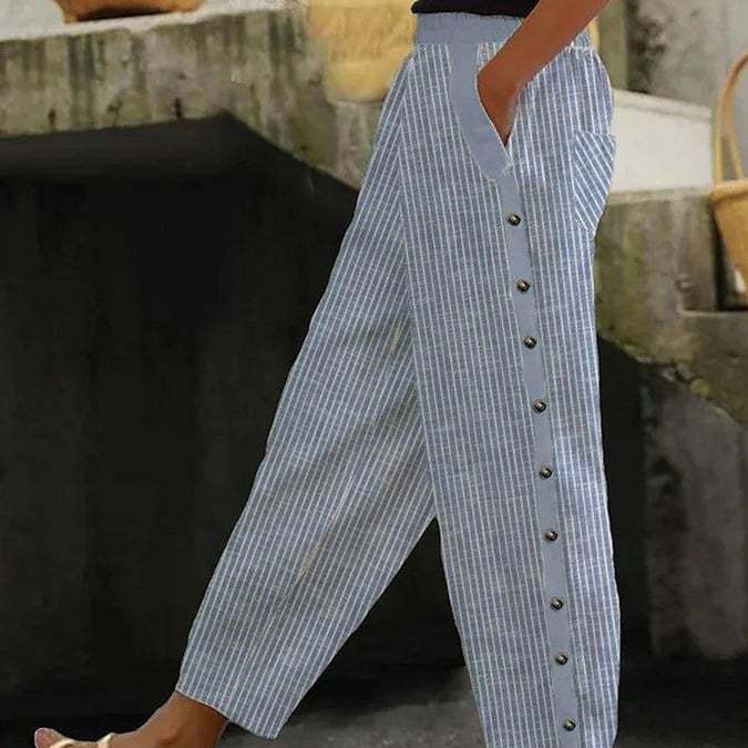 Striped Print Button Elastic Waist Cropped Pants with Pockets