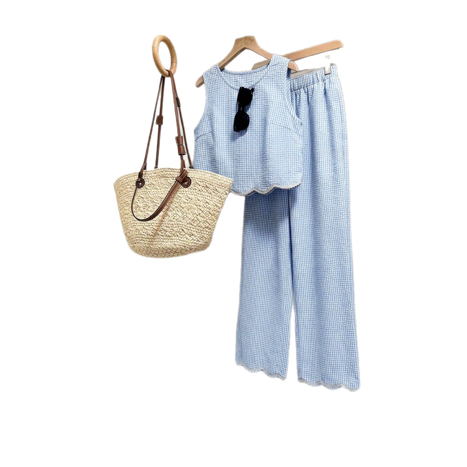 Women's Retro Plaid Lace Sleeveless Tank Top & Wide-Leg Pants Casual Set