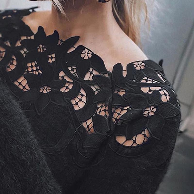 Lace-Trim Off-Shoulder Long-Sleeve Knit Top