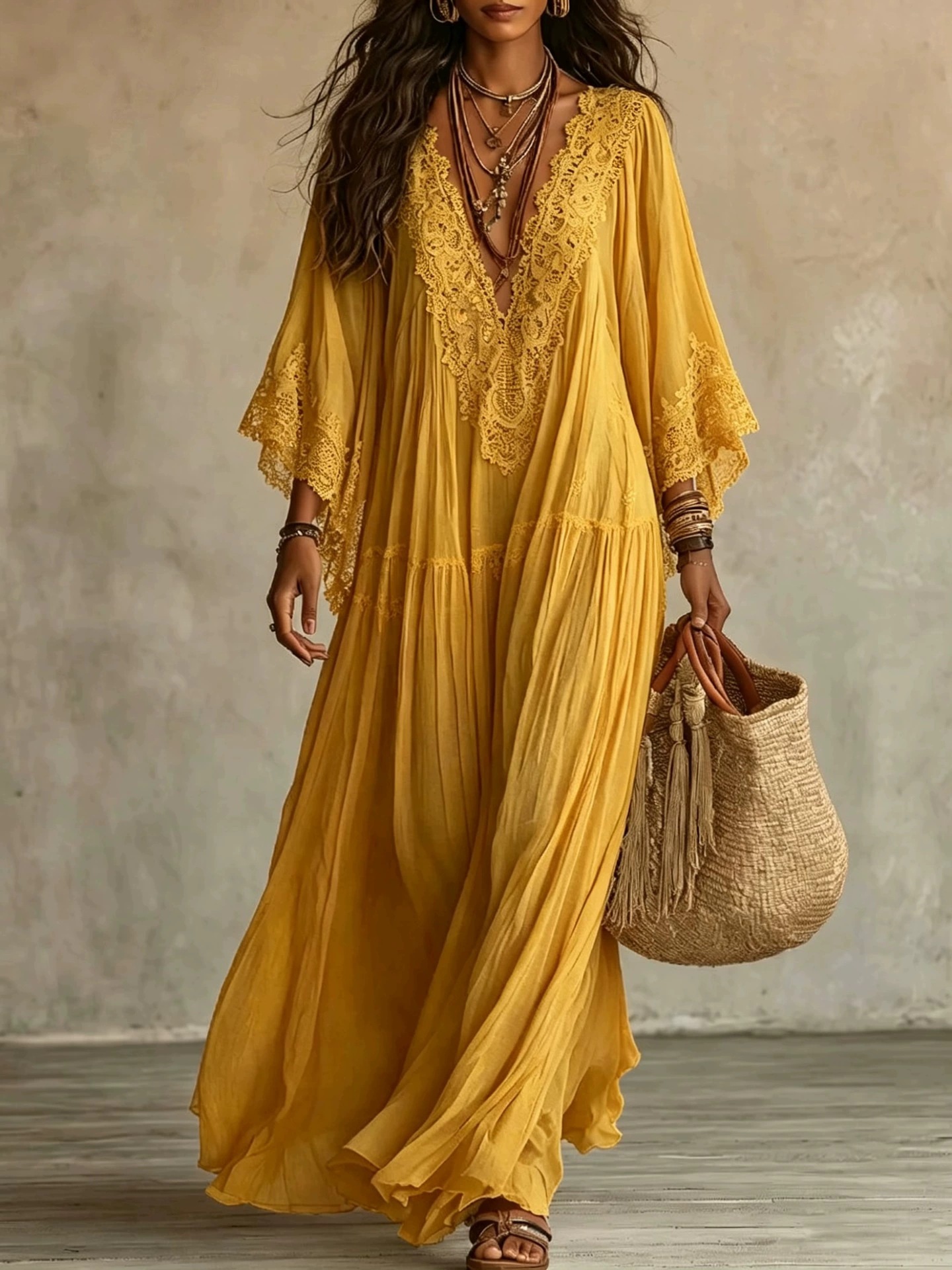 White Lace V-Neck Long Dress with Batwing Sleeves