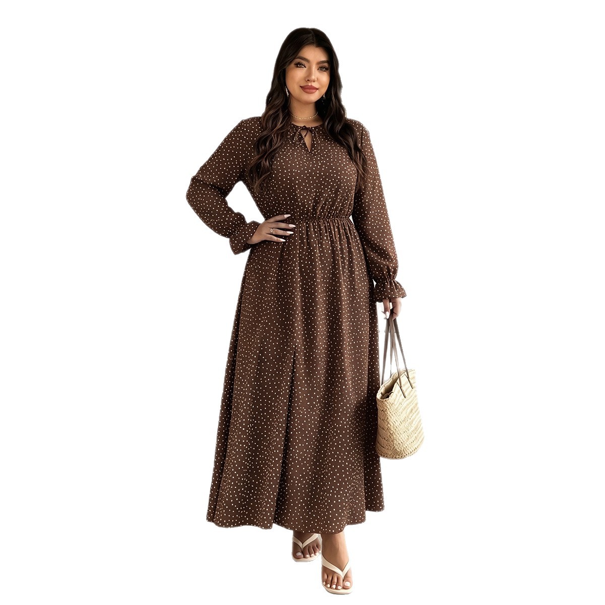 Plus Size Polka Dot V-Neck Tie-Waist Long Sleeve Maxi Dress