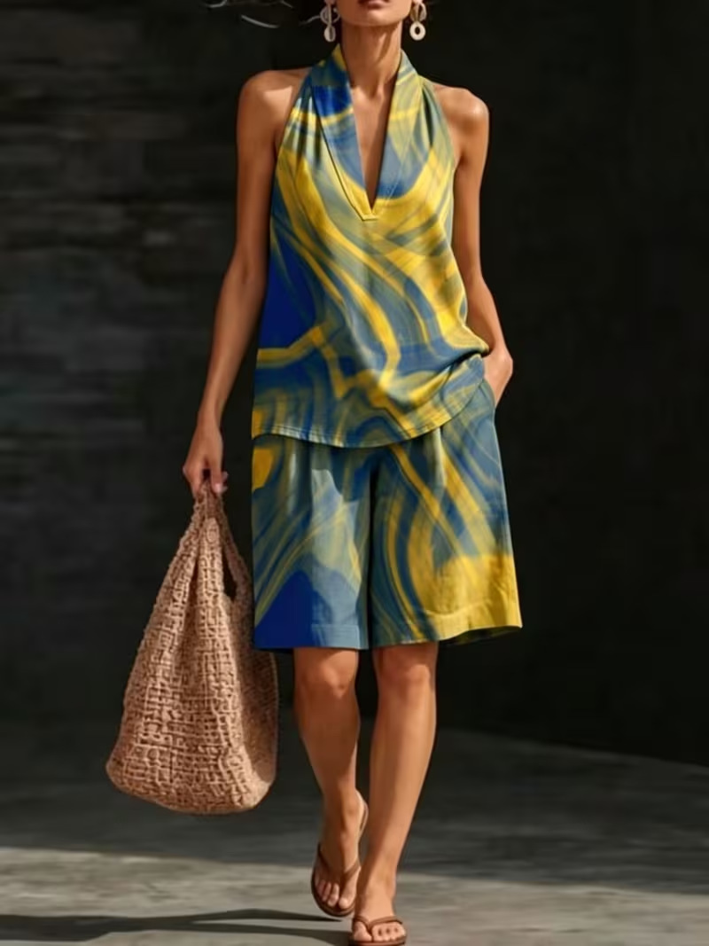 Retro Floral Print Sleeveless Halter Vest Set for Women
