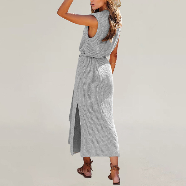 Women's Crewneck Solid Knit Dress with Slit and Belt