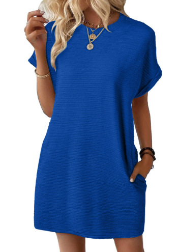 Women's Loose Crewneck Pocket Solid Short Sleeve Dress