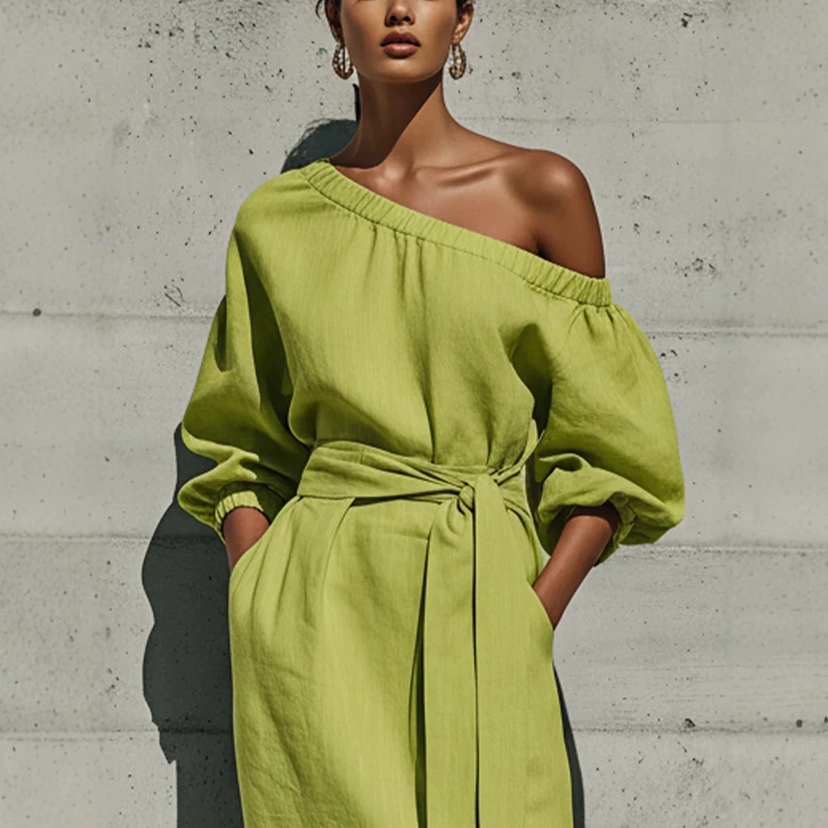 Women's One-Shoulder Tie-Waist Midi Dress with Pockets