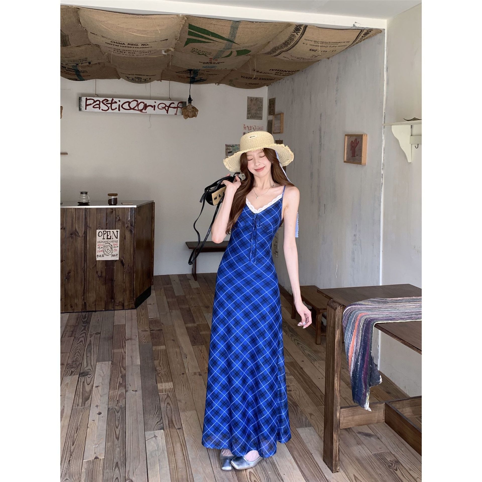 New Chinese Style French Vintage Blue Slip Dress