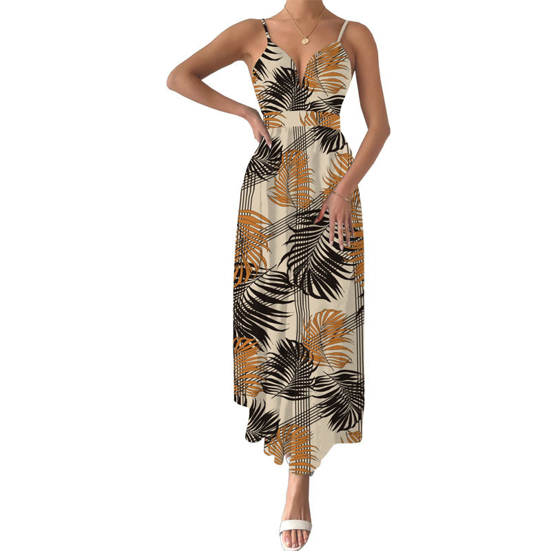 Women's Summer Printed V-Neck Sleeveless Midi Dress with Cinched Waist