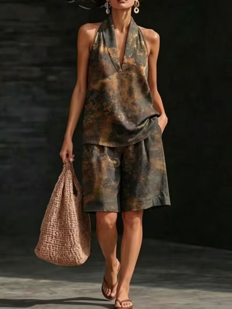 Retro Floral Print Sleeveless Halter Vest Set for Women