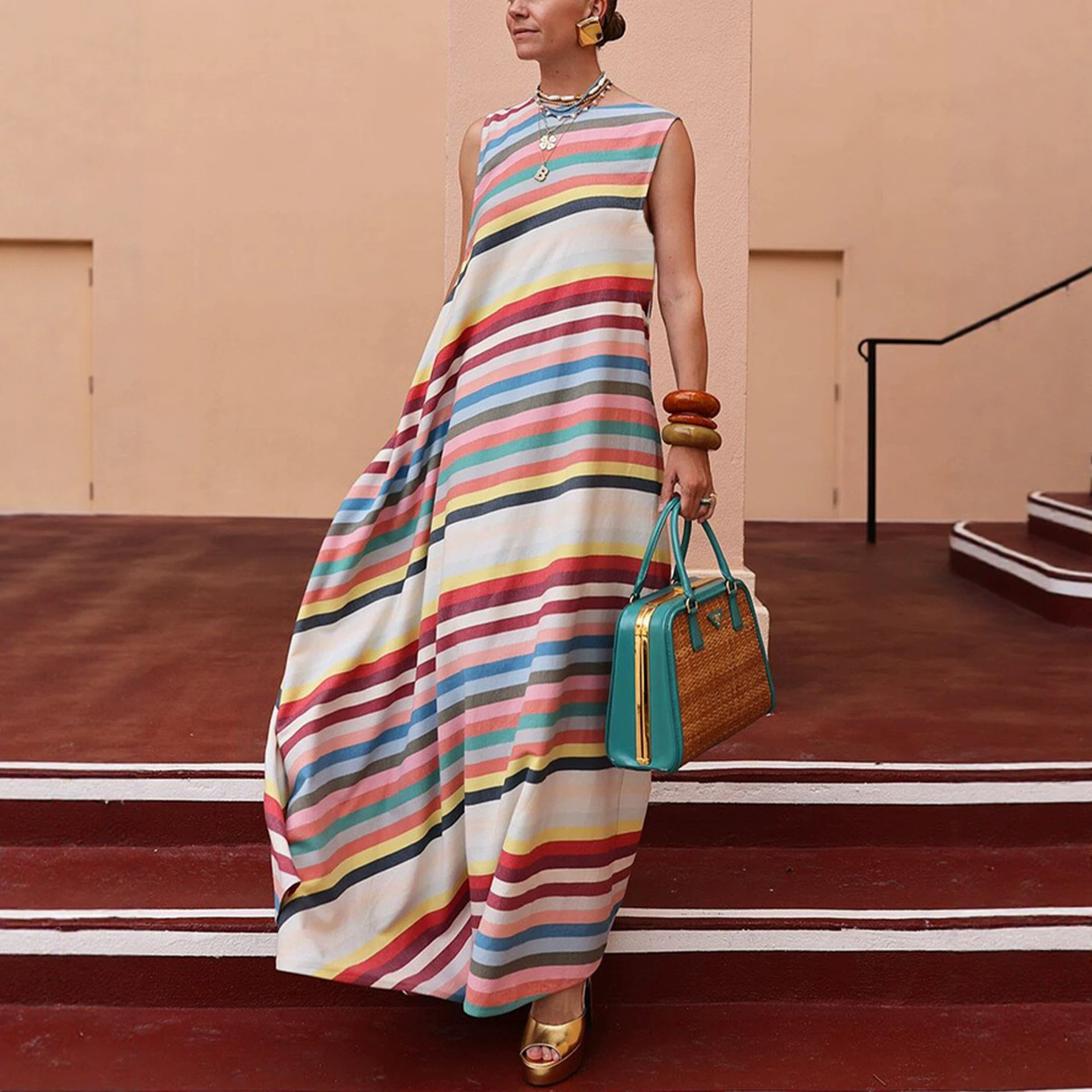 Striped Print Round Neck Long Dress