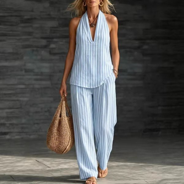 Striped Linen V-Neck Sleeveless Top & Wide-Leg Pants Set