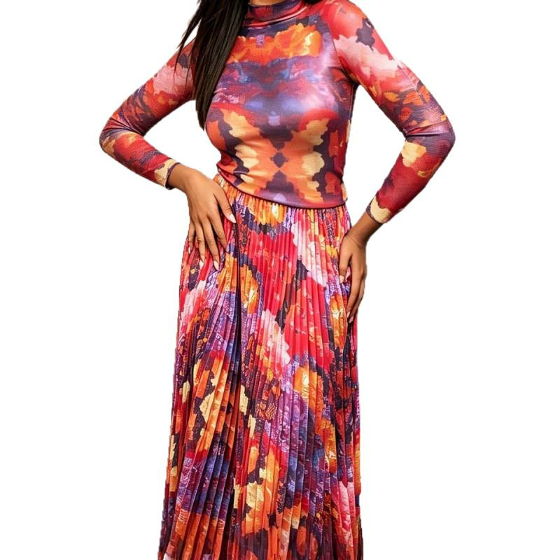 Elegant Slim-Fit Printed Long Dress Set for Women
