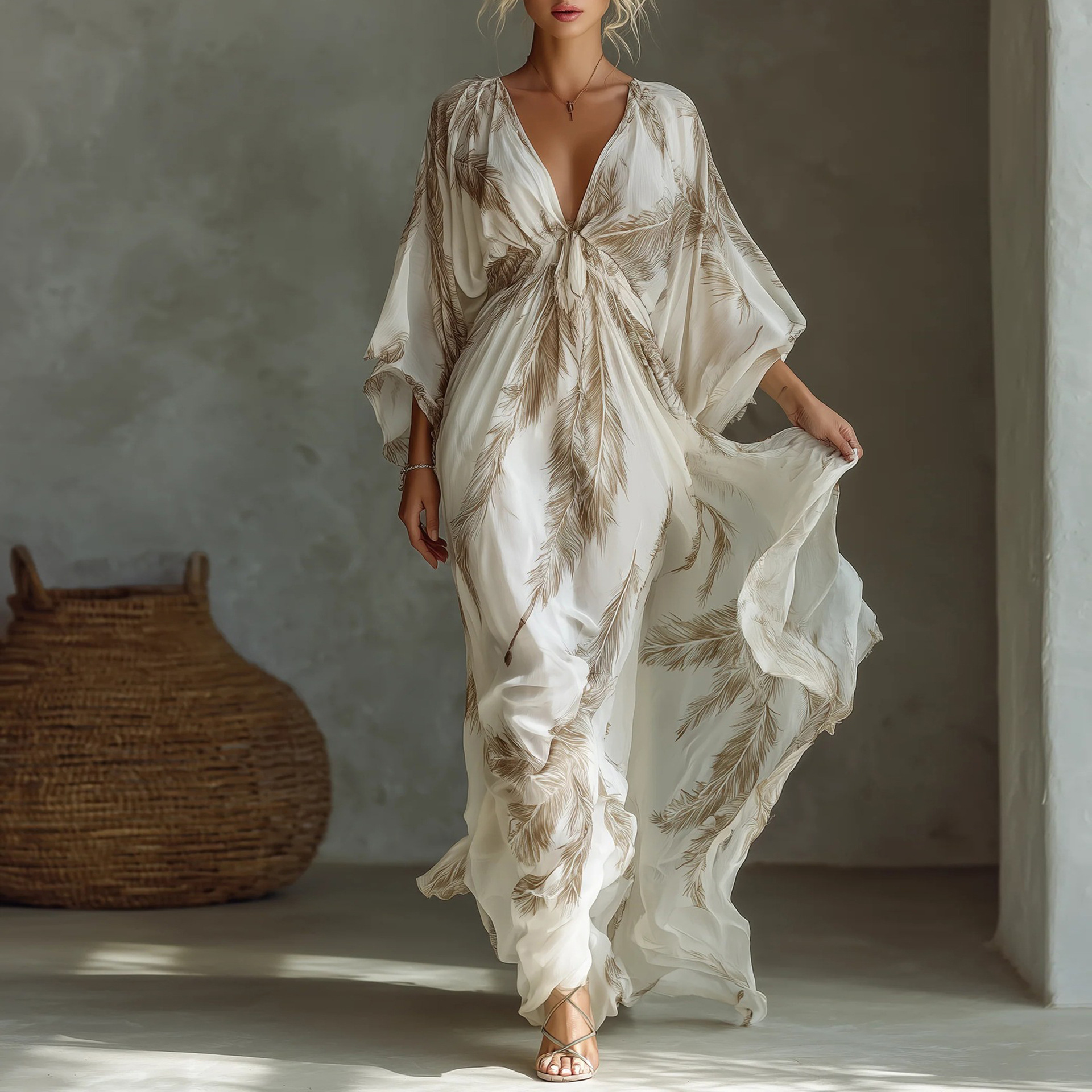V-Neck 3/4 Sleeve Waist-Cinched Long A-Line Dress