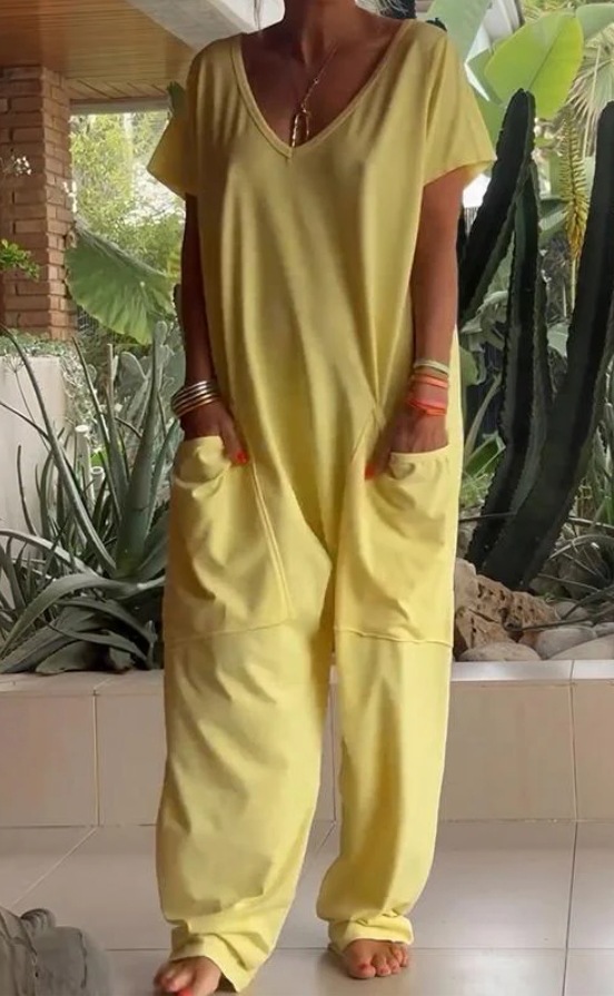 Solid V-Neck Jumpsuit with Oversized Pockets and Low Crotch