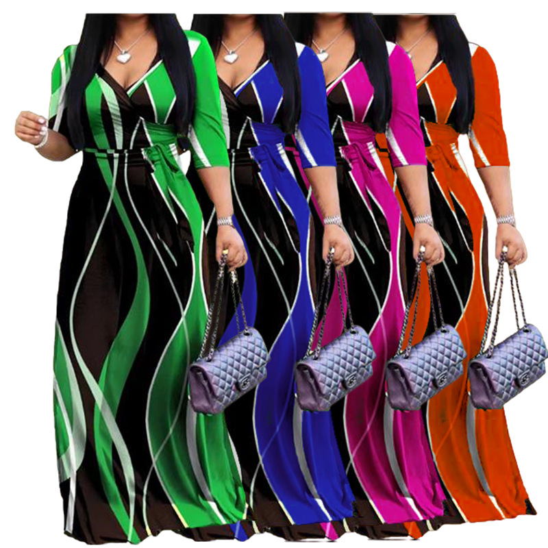 Women's Printed Midi A-Line Dress with Waist Tie and Mid Sleeves