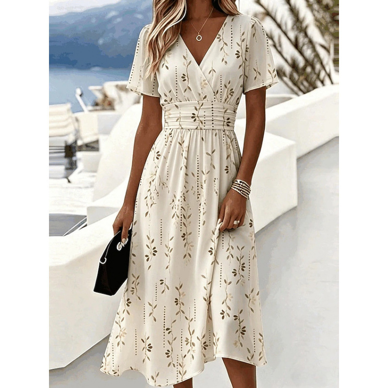 3D Vintage Floral Short Sleeve V-Neck Midi Dress with Flared Skirt