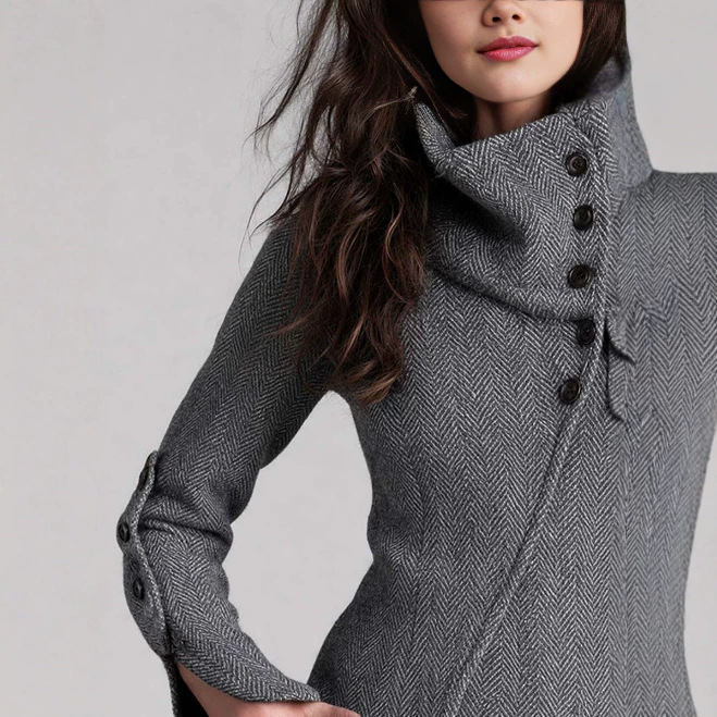 Retro Funnel Neck Herringbone Jacket