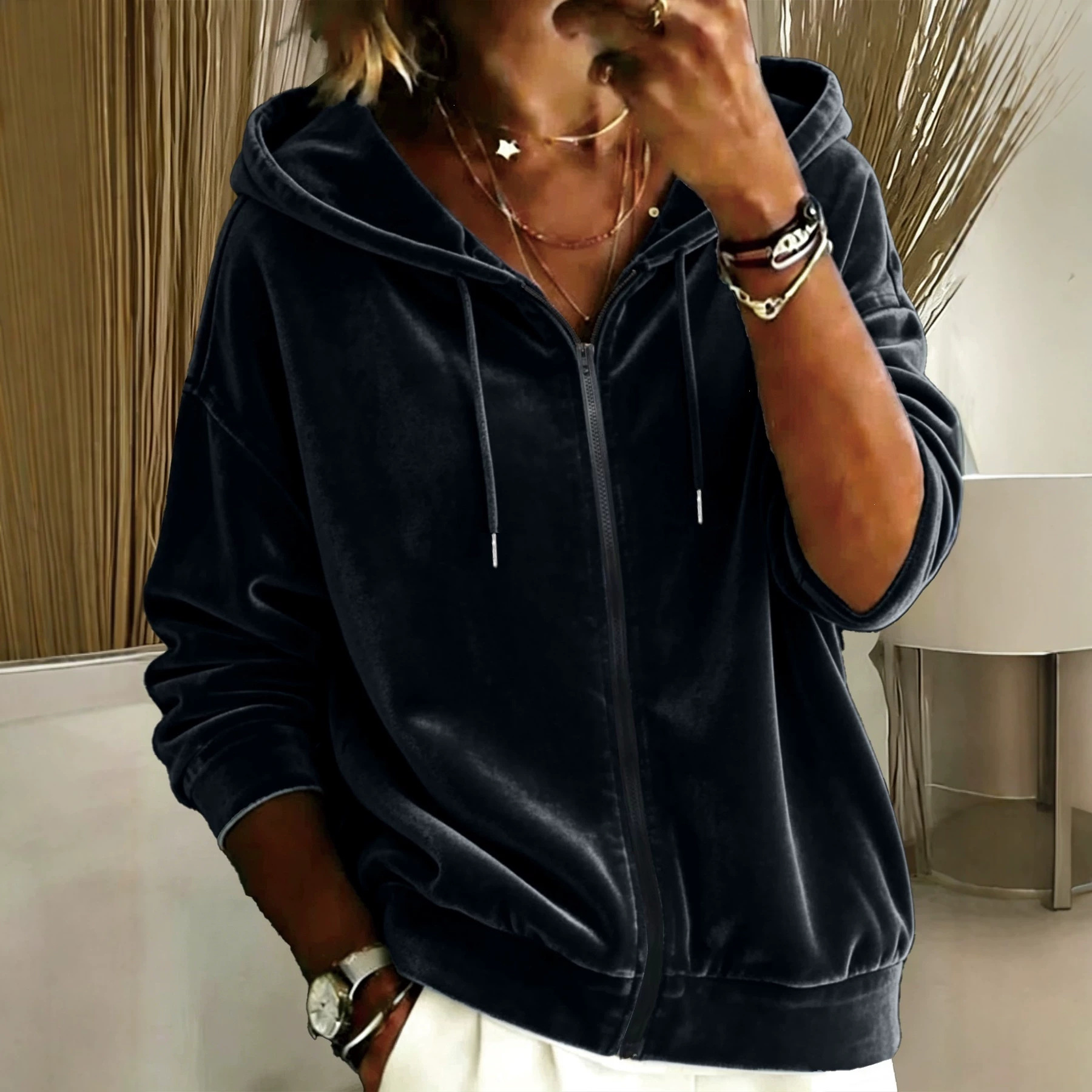 Hooded Solid Velvet Zip-Up Loose Fit Sweatshirt