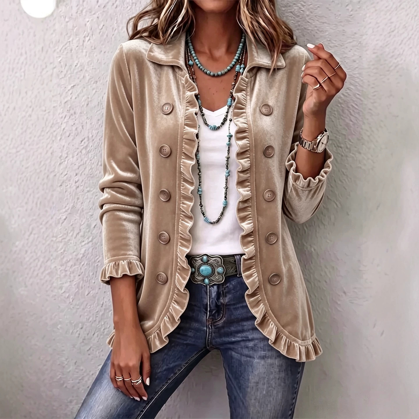 Women's Velvet Ruffle Button-Front Cardigan Long Sleeve