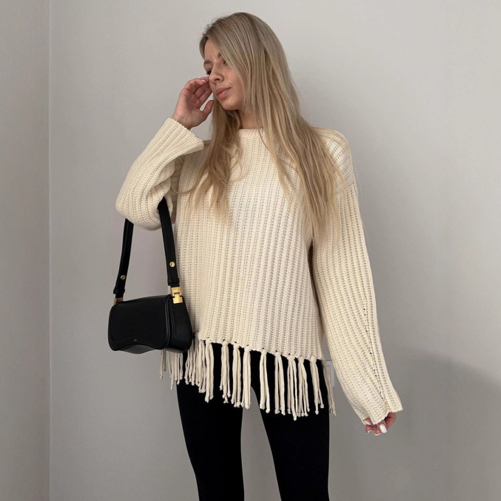 Fringe Sweater Women's Thick Loose Casual Solid Color Long Sleeve Knit Top