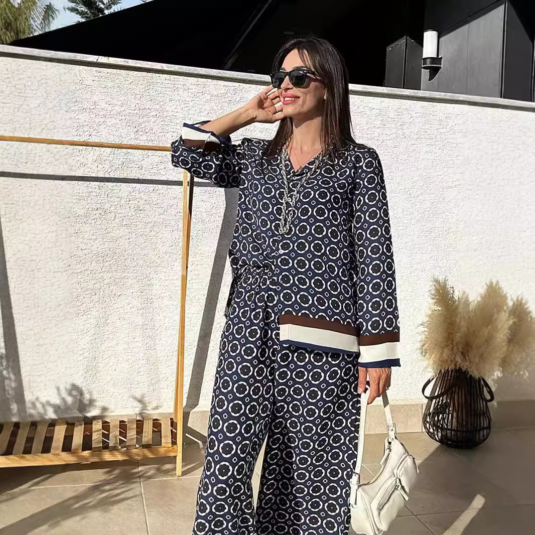 Women's Printed Long Sleeve Shirt and High Waist Pants Two-Piece Set
