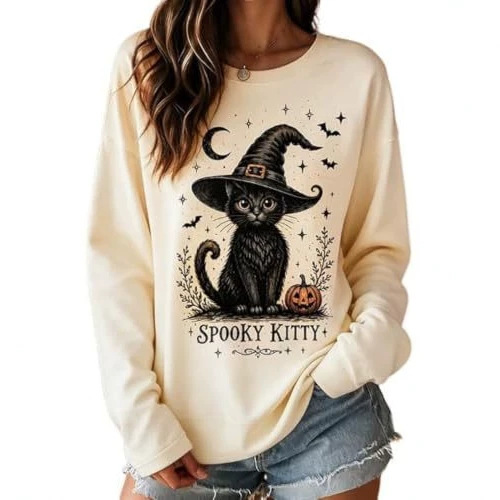 Women's Halloween Witch Hat Cat Print Sweatshirt