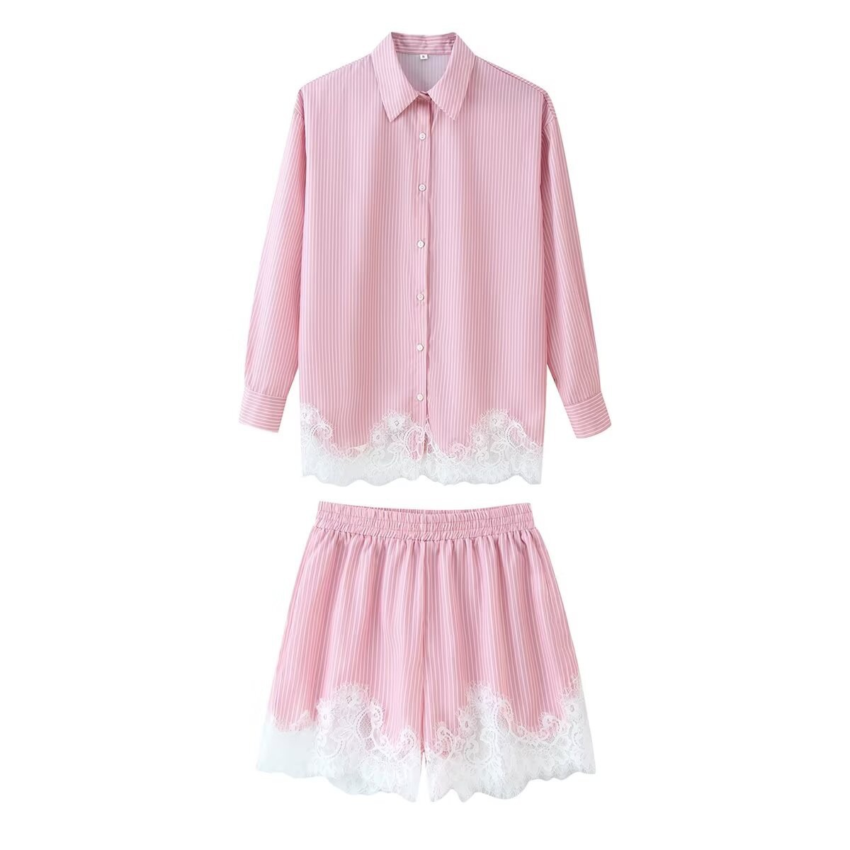 Women's Lace-Trim Shirt and Shorts Set Casual Two-Piece Outfit