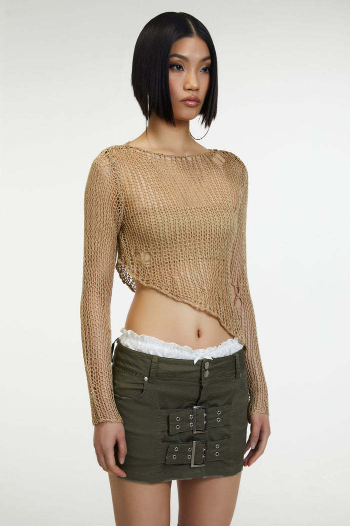 Women's Sheer Long Sleeve Crop Knit Top with Round Neck and Asymmetrical Cutout
