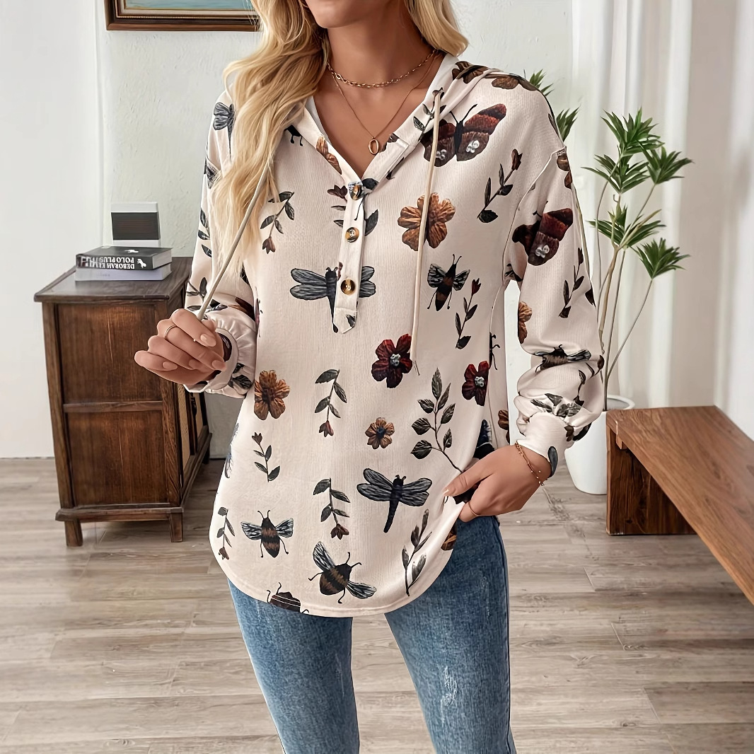 Floral Print Long-Sleeve Hooded Pullover Sweatshirt for Women