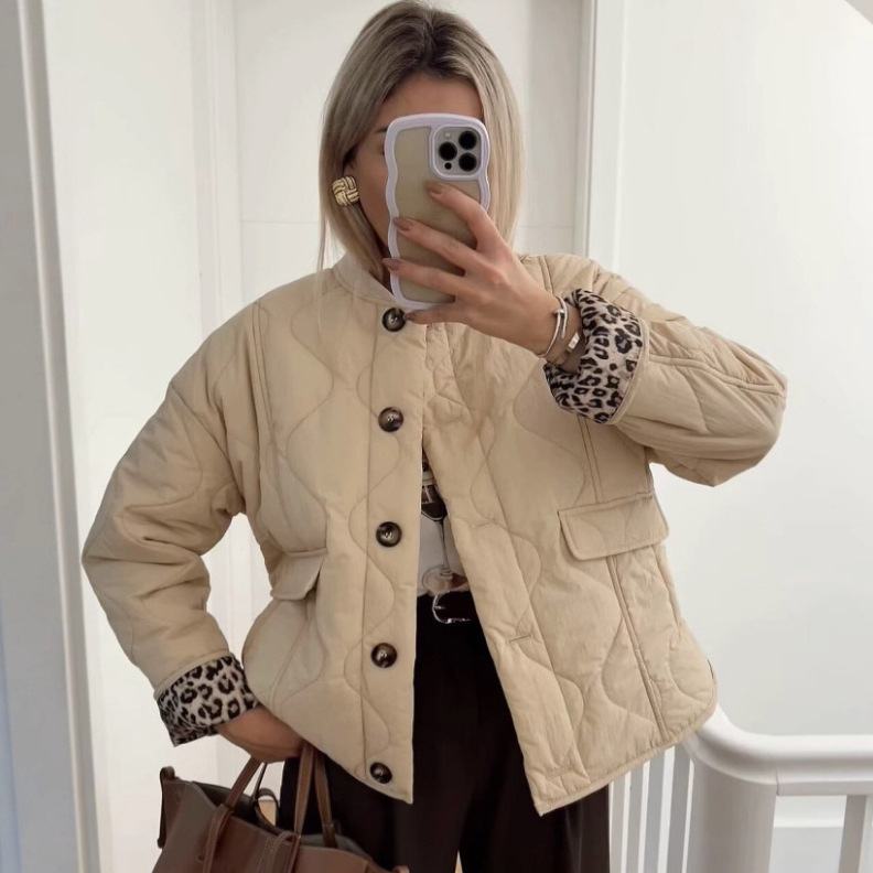 Women's Leopard Print Padded Coat with Ribbed Trim