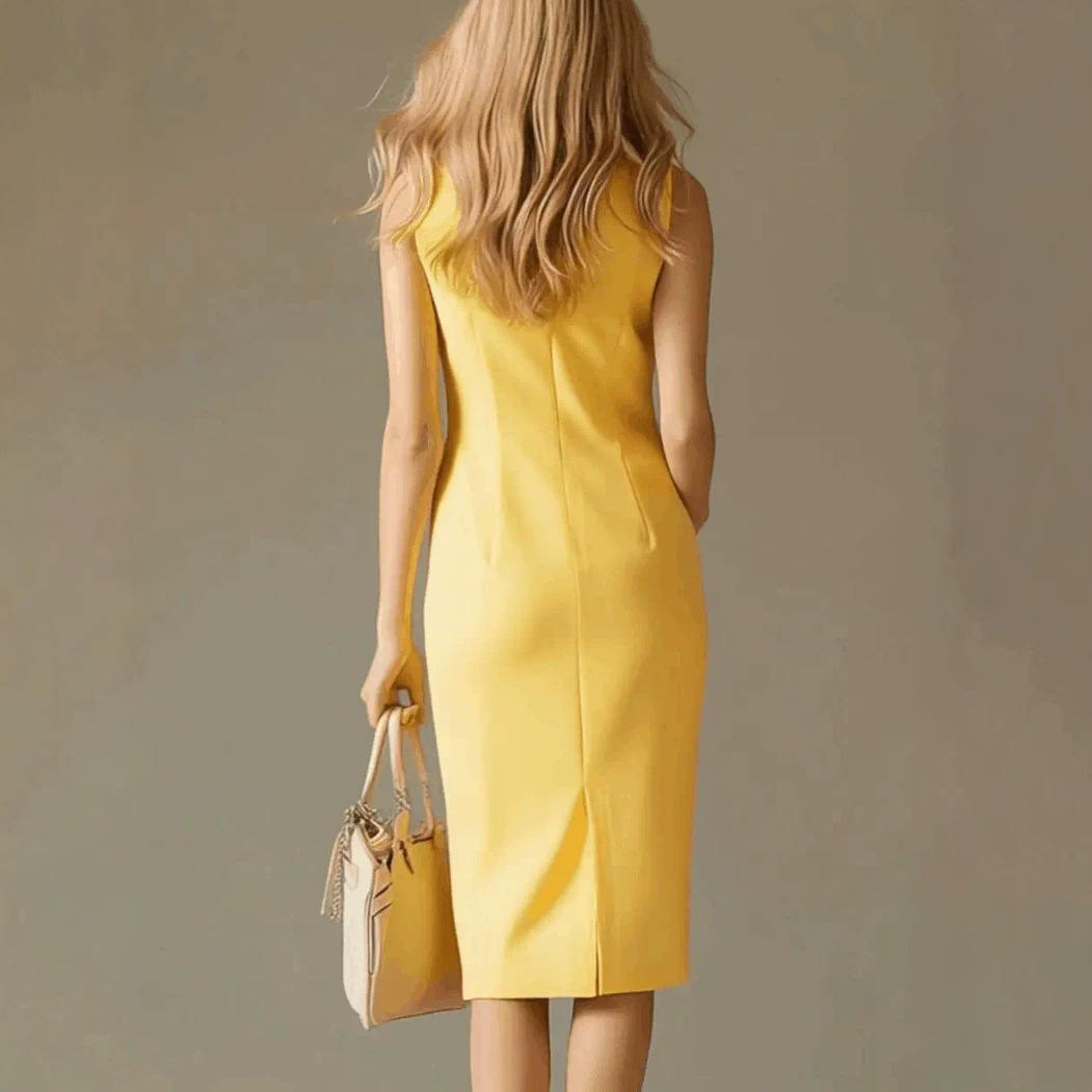 Elegant Colorblock Zip Stand Collar Midi Dress Women's Slim A-Line