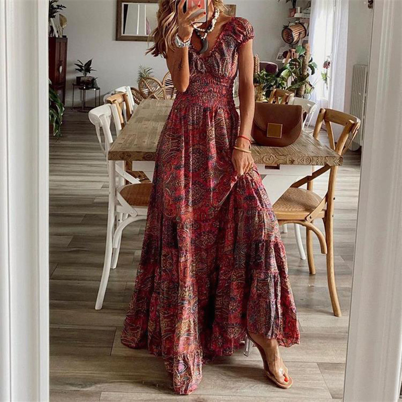 Bohemian V-Neck Floral Print High-Waist Maxi Dress